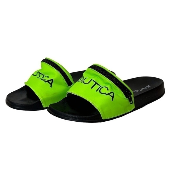 Nautica Flip Flops Asliea Unisex Slide Neon Green/Black Zip Pocket Size-5 NWOT - Picture 3 of 7